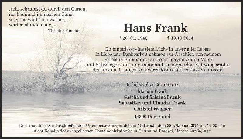  Traueranzeige für Hans Frank vom 18.10.2014 aus Ruhr Nachrichten