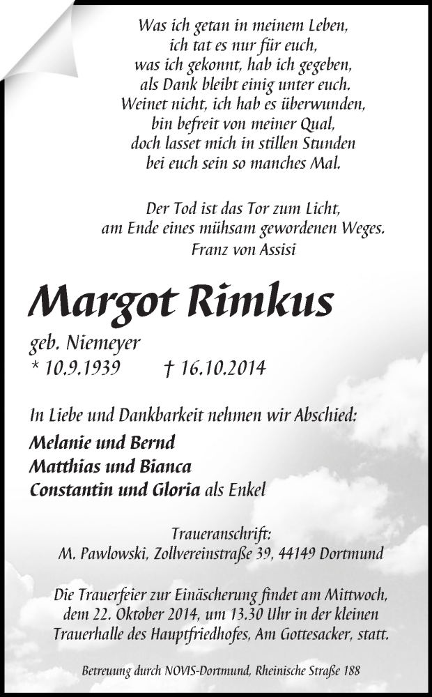  Traueranzeige für Margot Rimkus vom 18.10.2014 aus Ruhr Nachrichten