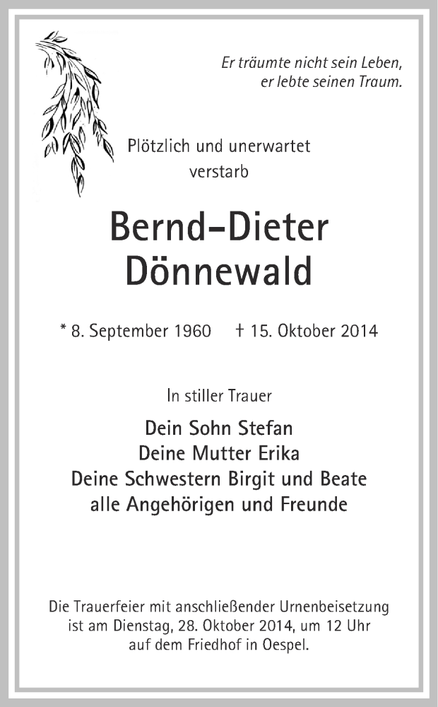  Traueranzeige für Bernd-Dieter Dönnewald vom 22.10.2014 aus Ruhr Nachrichten