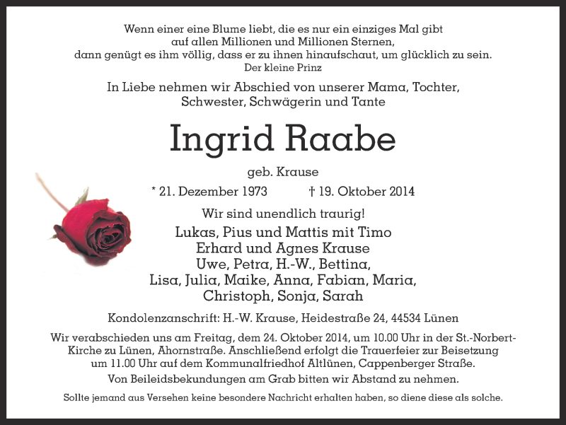  Traueranzeige für Ingrid Raabe vom 22.10.2014 aus Ruhr Nachrichten