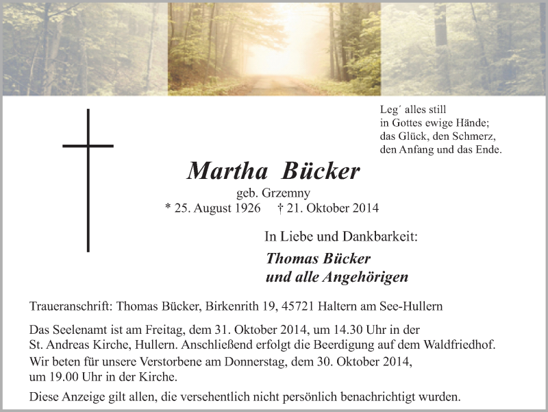  Traueranzeige für Martha Bücker vom 25.10.2014 aus Ruhr Nachrichten und Halterner Zeitung