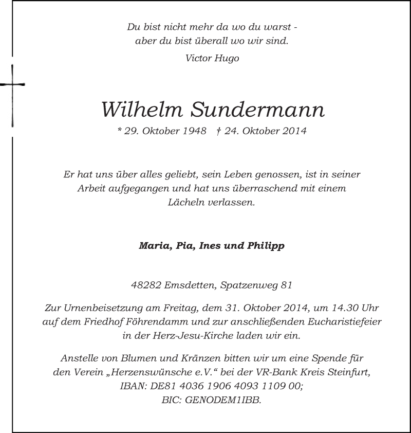  Traueranzeige für Wilhelm Sundermann vom 29.10.2014 aus Münstersche Zeitung, Emsdettener Volkszeitung, Grevener Zeitung und Münsterland Zeitung