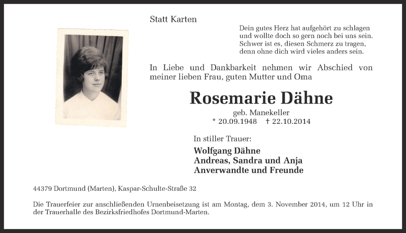  Traueranzeige für Rosemarie Dähne vom 30.10.2014 aus Ruhr Nachrichten