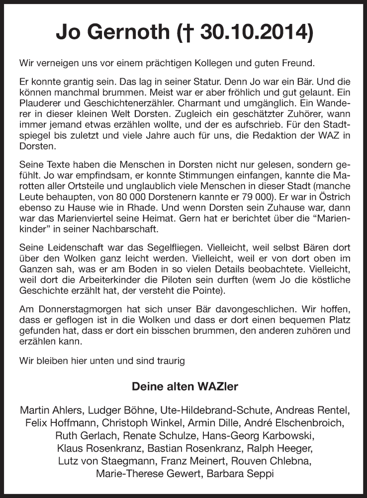  Traueranzeige für Joachim Gernoth vom 01.11.2014 aus Ruhr Nachrichten und Dorstener Zeitung