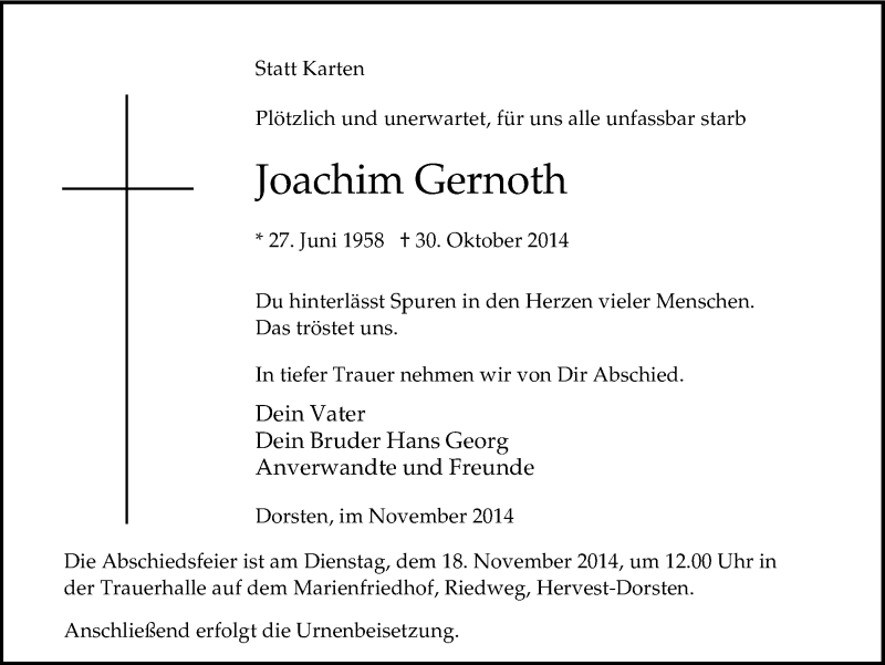  Traueranzeige für Joachim Gernoth vom 12.11.2014 aus Ruhr Nachrichten und Dorstener Zeitung