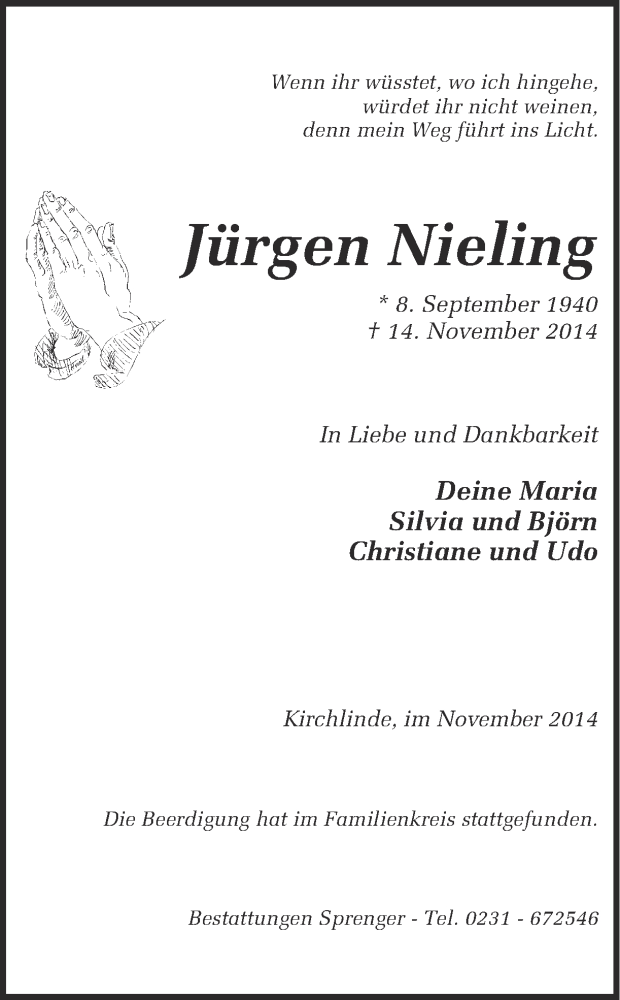  Traueranzeige für Jürgen Nieling vom 25.11.2014 aus Ruhr Nachrichten