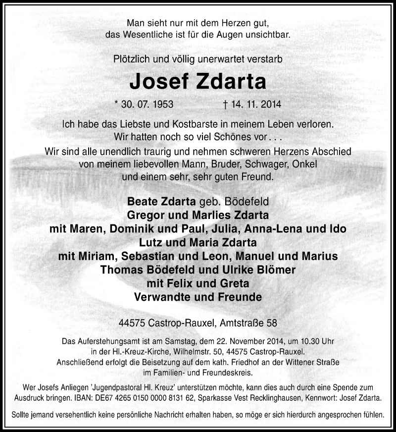 Traueranzeige für Josef Zdarta vom 20.11.2014 aus Ruhr Nachrichten