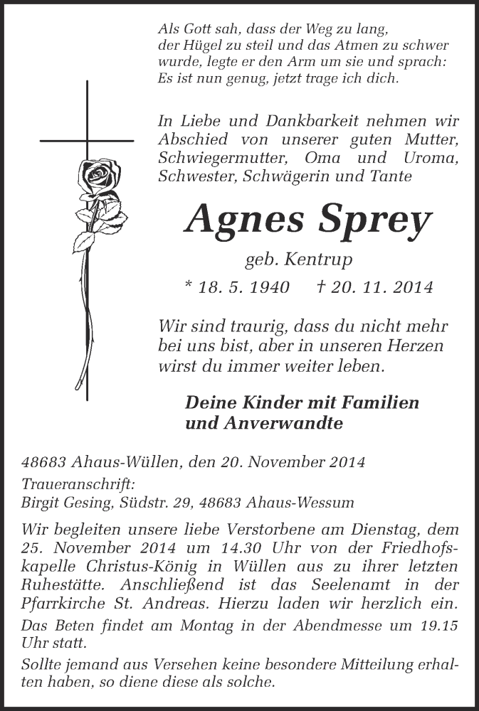  Traueranzeige für Agnes Sprey vom 22.11.2014 aus Münstersche Zeitung und Münsterland Zeitung