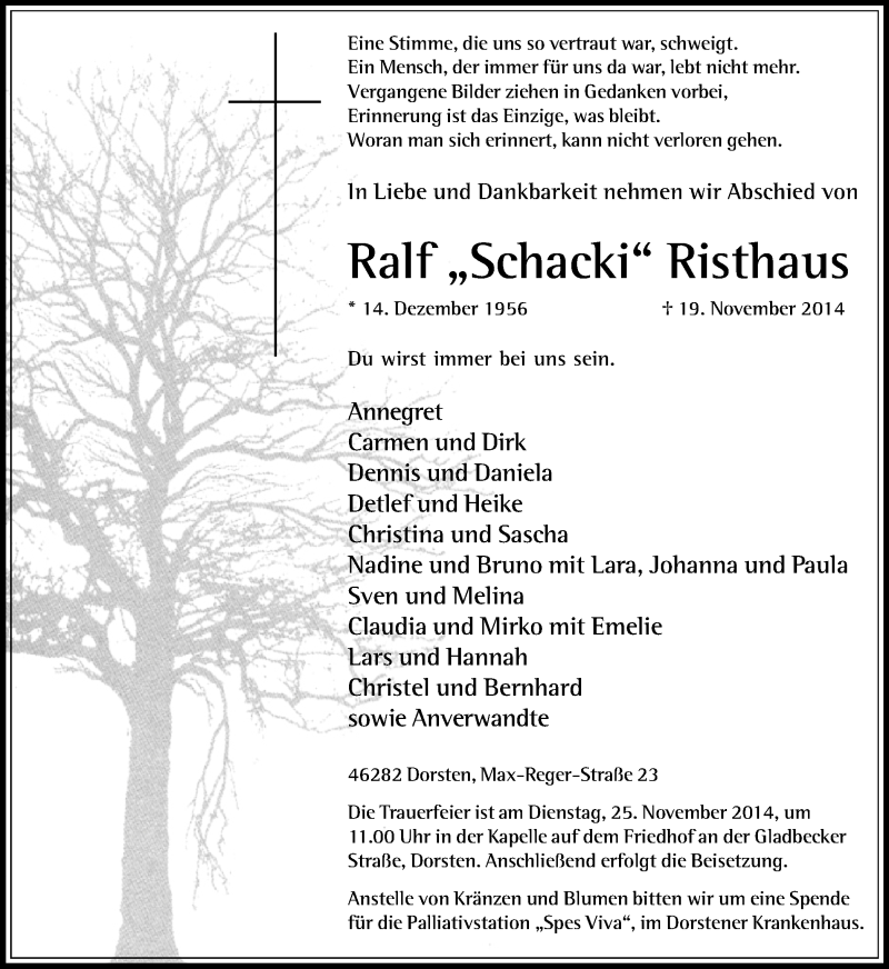  Traueranzeige für Ralf Risthaus vom 22.11.2014 aus Ruhr Nachrichten und Dorstener Zeitung