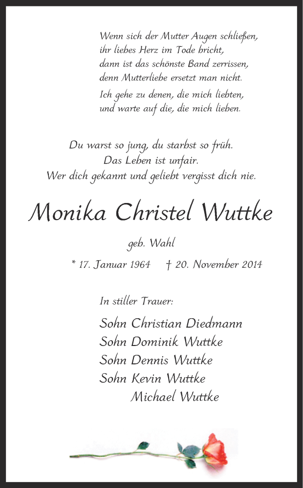  Traueranzeige für Monika Christel Wuttke vom 25.11.2014 aus Ruhr Nachrichten