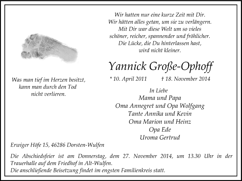  Traueranzeige für Yannick Große-Ophoff vom 25.11.2014 aus Ruhr Nachrichten und Dorstener Zeitung