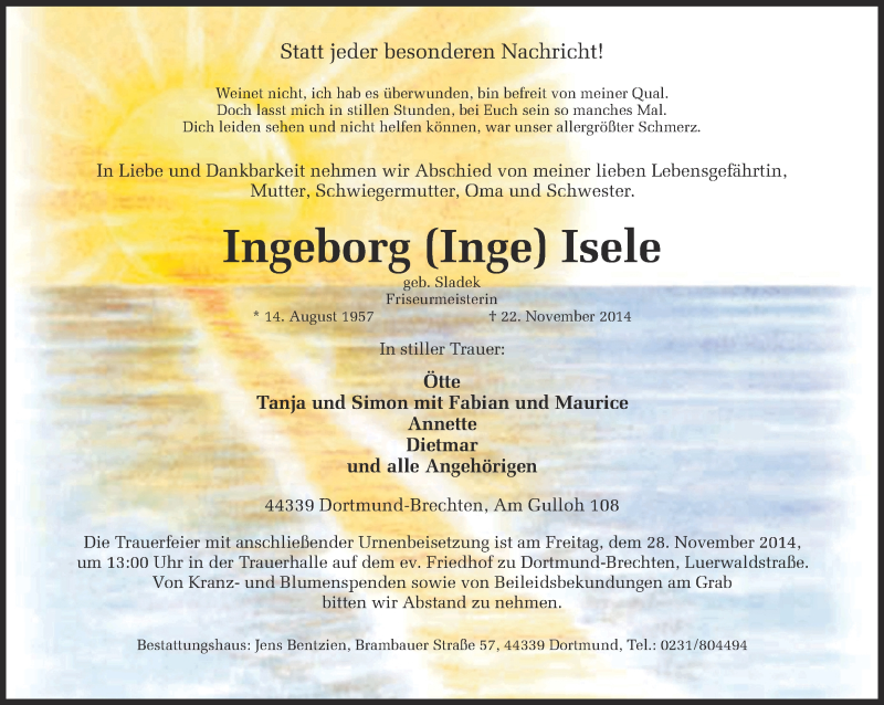  Traueranzeige für Ingeborg Isele vom 25.11.2014 aus Ruhr Nachrichten