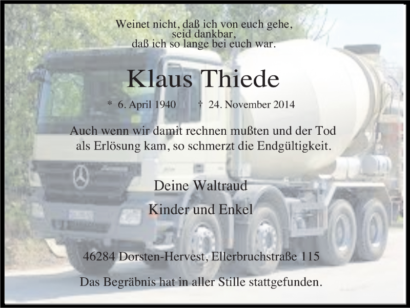  Traueranzeige für Klaus Thiede vom 28.11.2014 aus Ruhr Nachrichten und Dorstener Zeitung