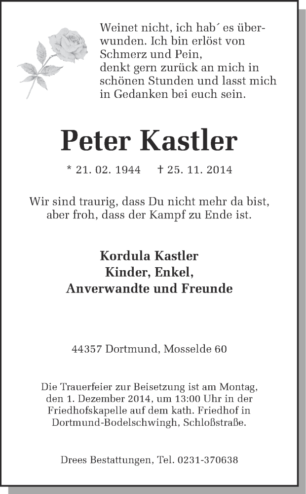  Traueranzeige für Peter Kastler vom 28.11.2014 aus Ruhr Nachrichten