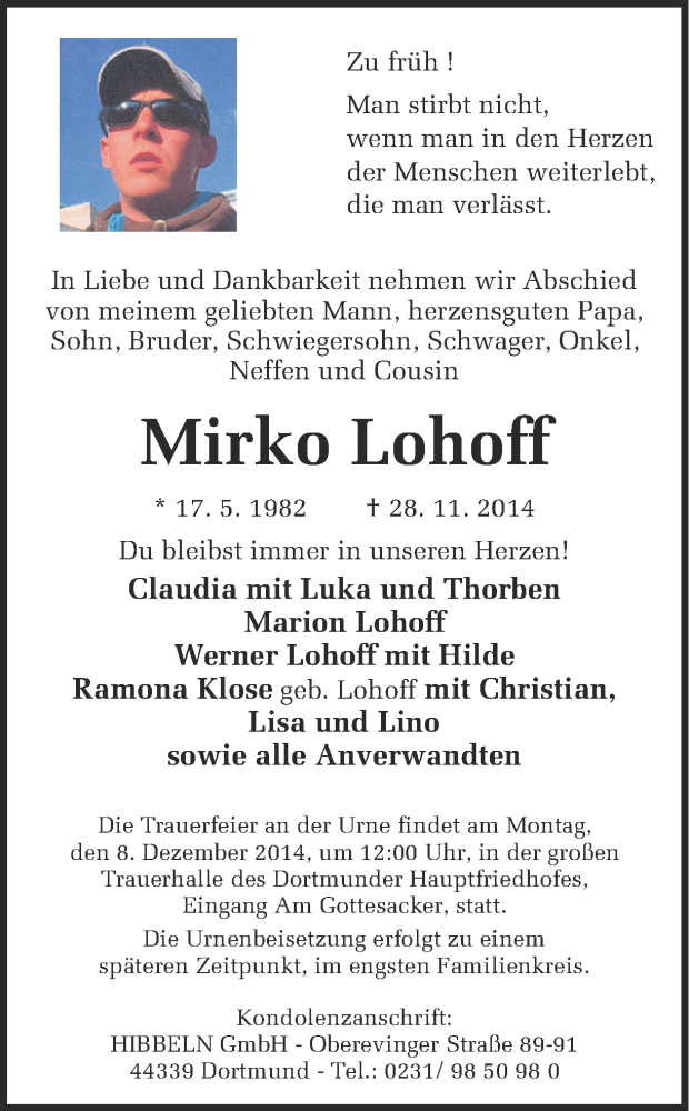  Traueranzeige für Mirko Lohoff vom 04.12.2014 aus Ruhr Nachrichten