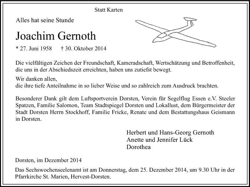  Traueranzeige für Joachim Gernoth vom 06.12.2014 aus Ruhr Nachrichten und Dorstener Zeitung
