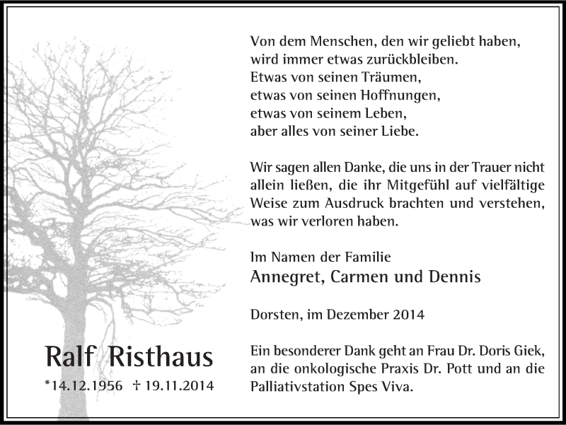  Traueranzeige für Ralf Risthaus vom 06.12.2014 aus Ruhr Nachrichten und Dorstener Zeitung