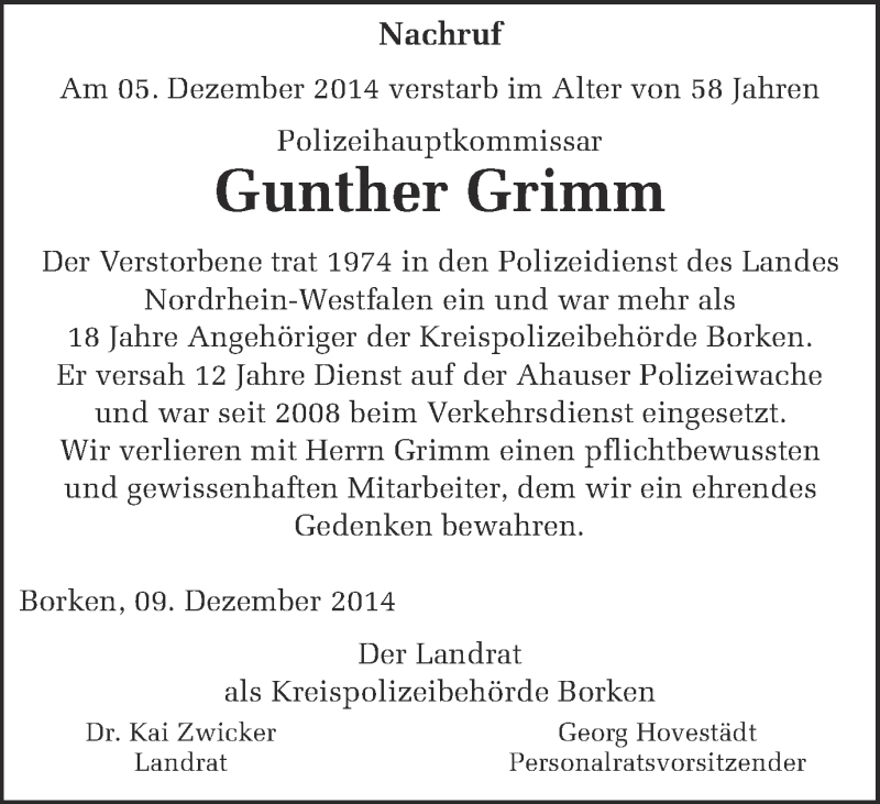  Traueranzeige für Gunther Grimm vom 10.12.2014 aus Münstersche Zeitung und Münsterland Zeitung