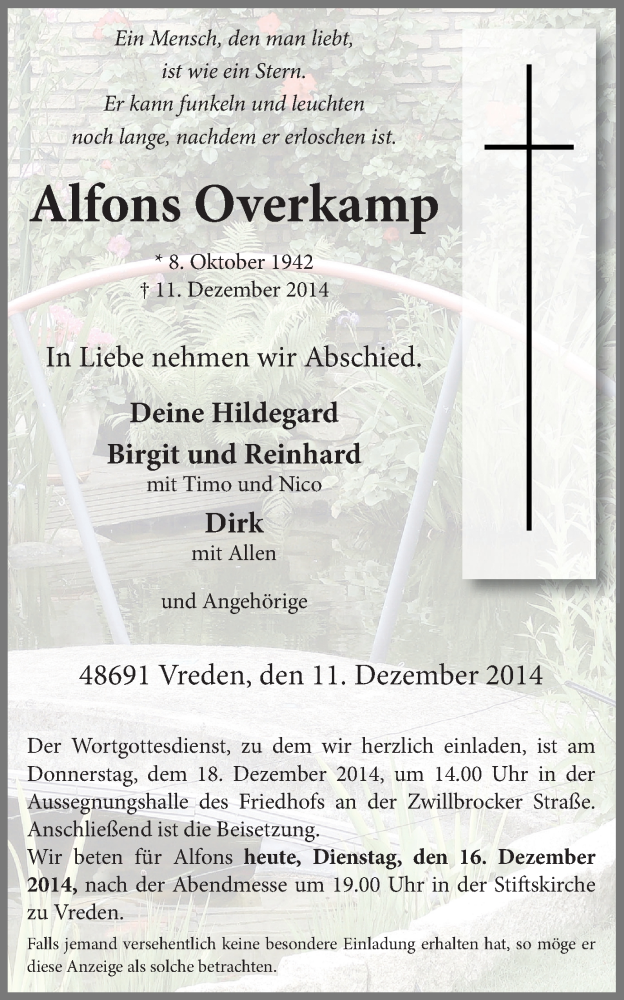  Traueranzeige für Alfons Overkamp vom 16.12.2014 aus Münstersche Zeitung und Münsterland Zeitung