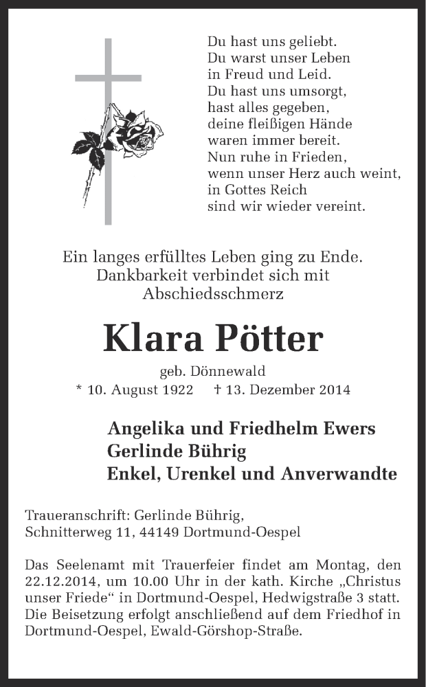  Traueranzeige für Klara Pötter vom 17.12.2014 aus Ruhr Nachrichten