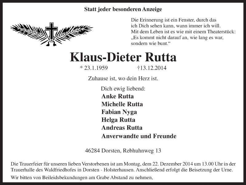 Traueranzeige für Klaus-Dieter Rutta vom 17.12.2014 aus Ruhr Nachrichten und Dorstener Zeitung
