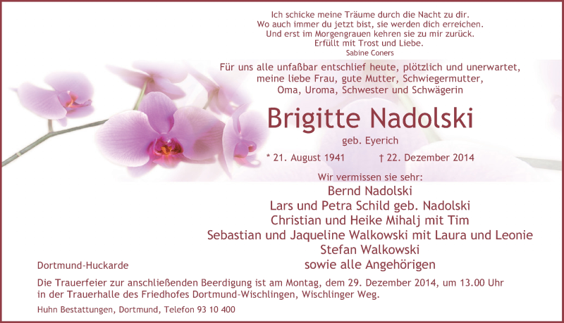  Traueranzeige für Brigitte Nadolski vom 24.12.2014 aus Ruhr Nachrichten