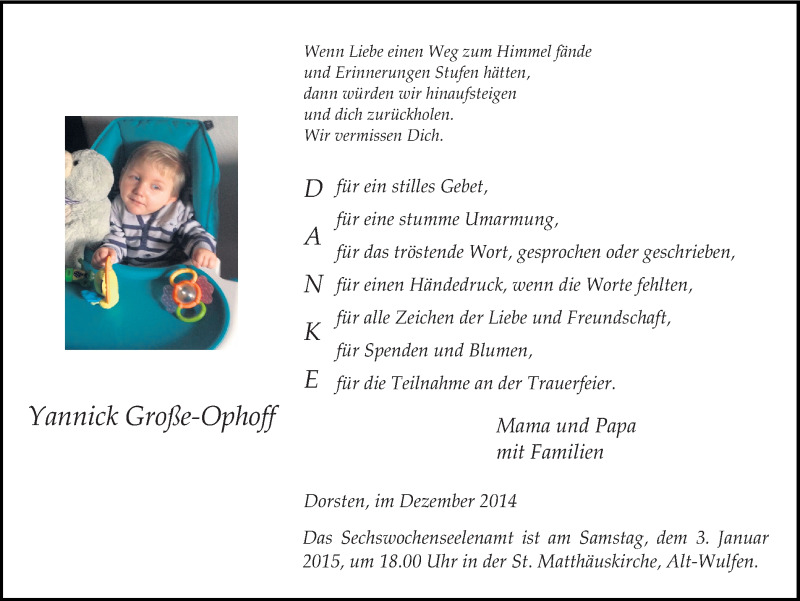 Traueranzeige für Yannick Große-Ophoff vom 30.12.2014 aus Ruhr Nachrichten und Dorstener Zeitung