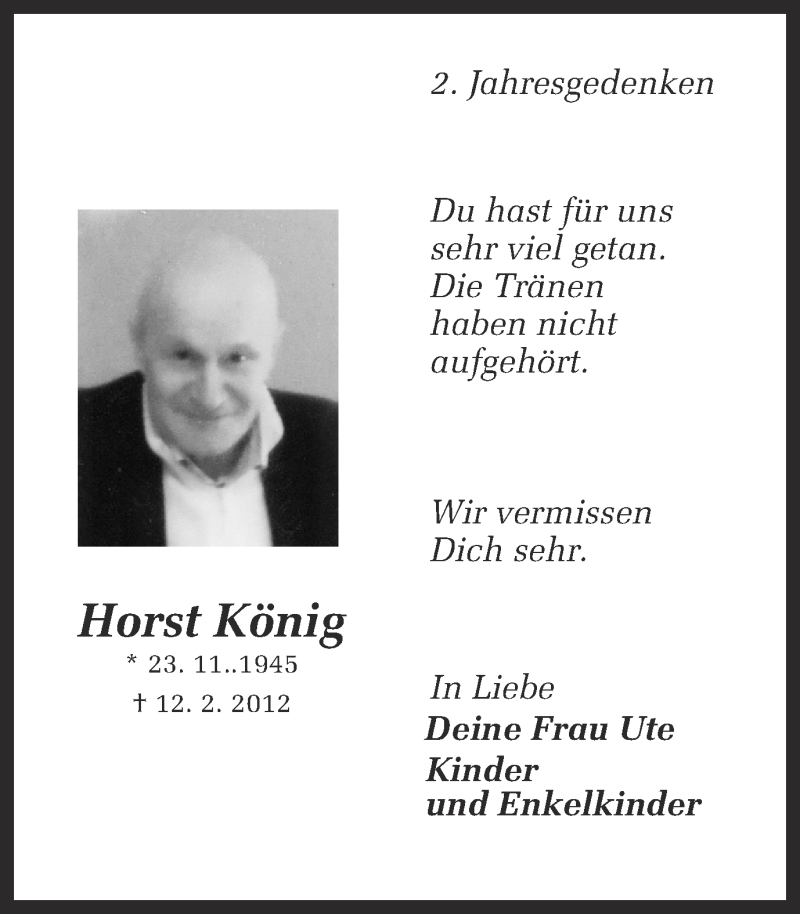  Traueranzeige für Horst König vom 12.02.2014 aus Ruhr Nachrichten