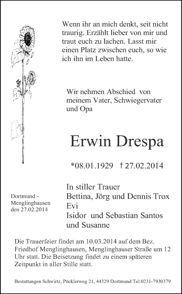  Traueranzeige für Erwin Drespa vom 05.03.2014 aus Ruhr Nachrichten