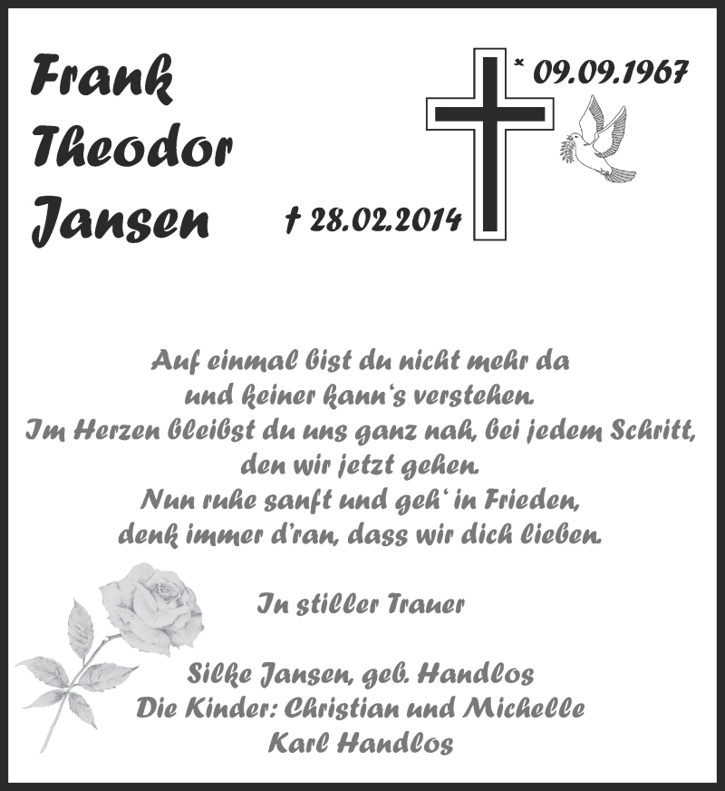  Traueranzeige für Frank Theodor Jansen vom 05.03.2014 aus Ruhr Nachrichten und Dorstener Zeitung