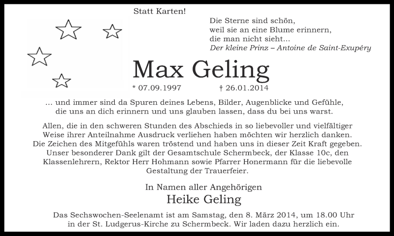  Traueranzeige für Max Geling vom 05.03.2014 aus Ruhr Nachrichten und Dorstener Zeitung
