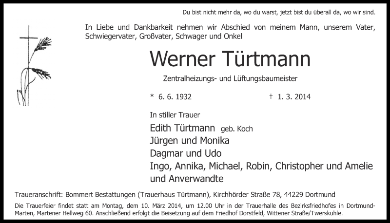  Traueranzeige für Werner Türtmann vom 05.03.2014 aus Ruhr Nachrichten