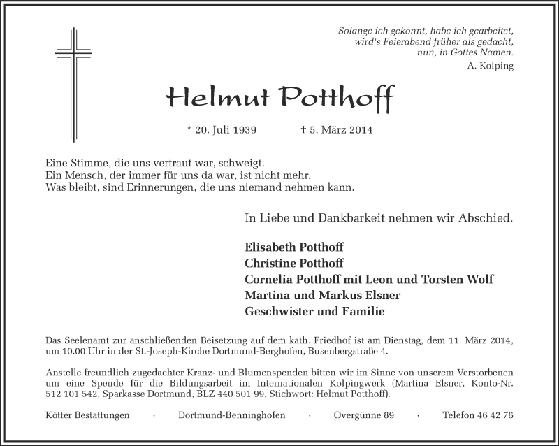  Traueranzeige für Helmut Potthoff vom 08.03.2014 aus Ruhr Nachrichten