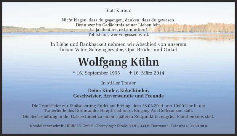  Traueranzeige für Wolfgang Kühn vom 22.03.2014 aus Ruhr Nachrichten