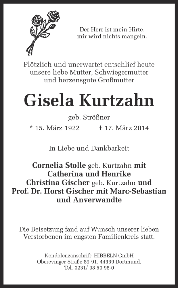  Traueranzeige für Gisela Kurtzahn vom 29.03.2014 aus Ruhr Nachrichten