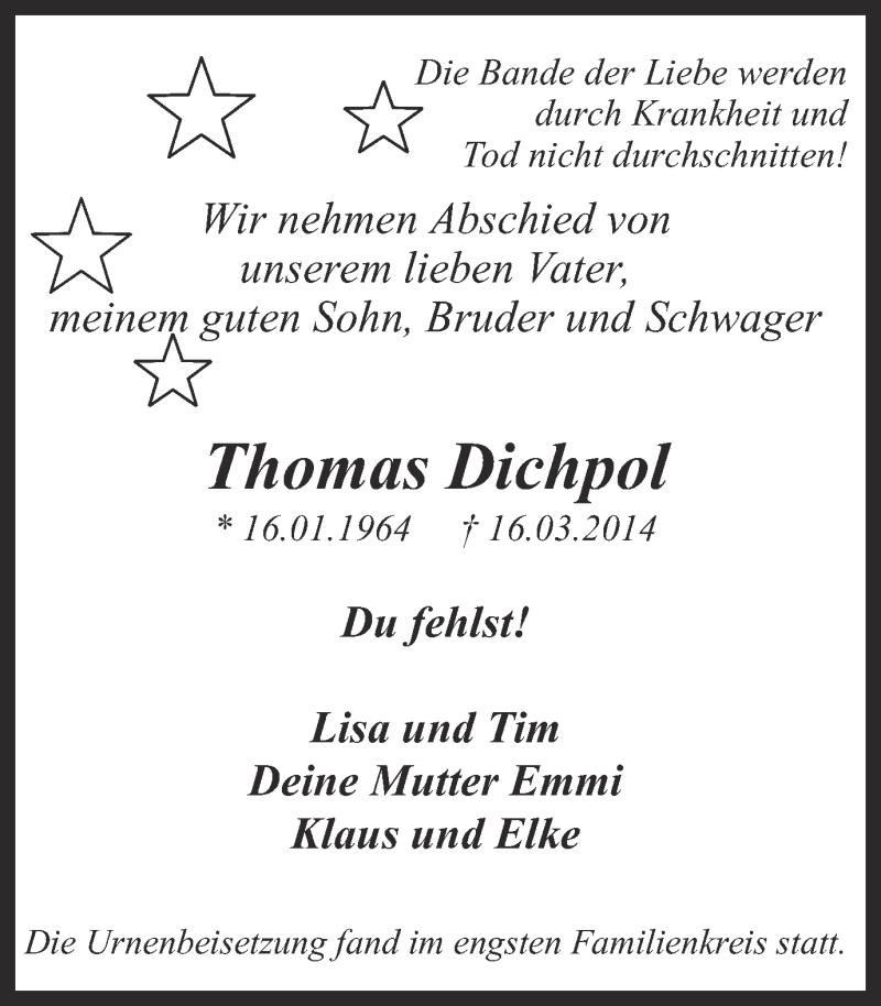  Traueranzeige für Thomas Dichpol vom 29.03.2014 aus Ruhr Nachrichten und Dorstener Zeitung
