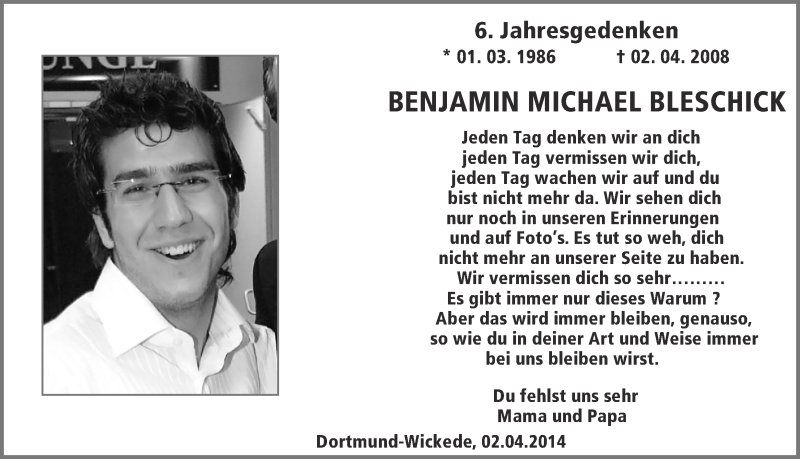  Traueranzeige für Benjamin Michael Bleschick vom 02.04.2014 aus Ruhr Nachrichten