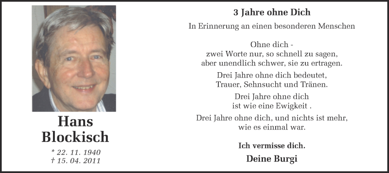  Traueranzeige für Hans Blockisch vom 15.04.2014 aus Ruhr Nachrichten