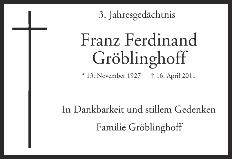  Traueranzeige für Franz Ferdinand Gröblinghoff vom 16.04.2014 aus Ruhr Nachrichten