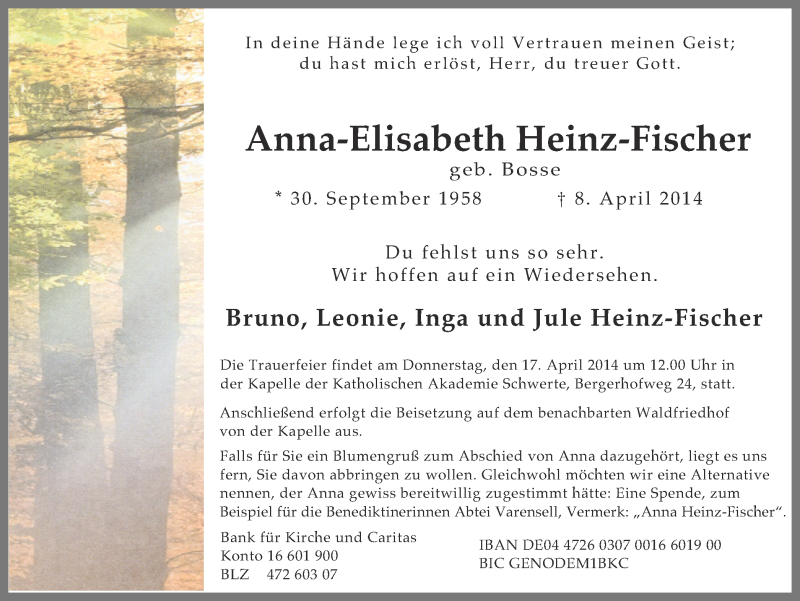  Traueranzeige für Anna-Elisabeth Heinz-Fischer vom 12.04.2014 aus Ruhr Nachrichten