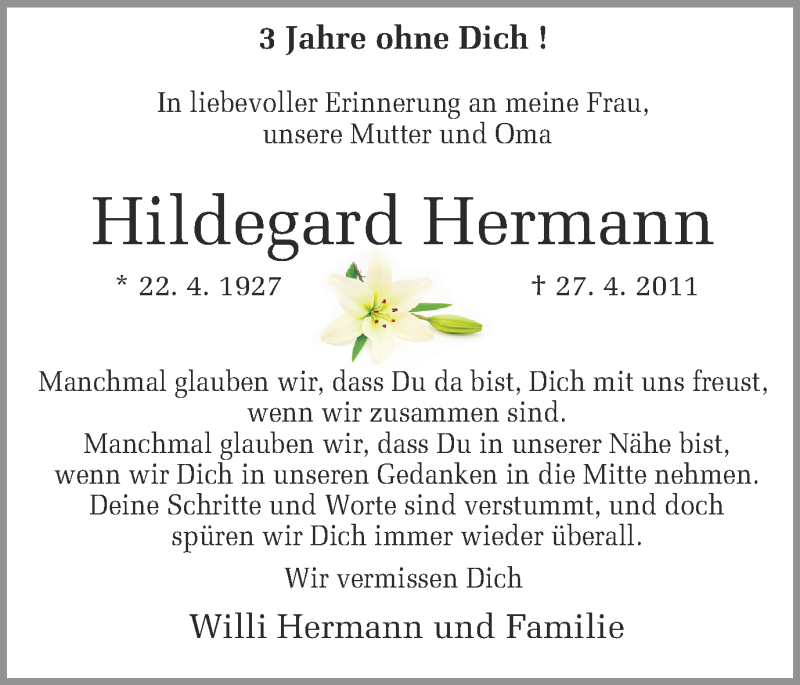  Traueranzeige für Hildegard Hermann vom 26.04.2014 aus Ruhr Nachrichten
