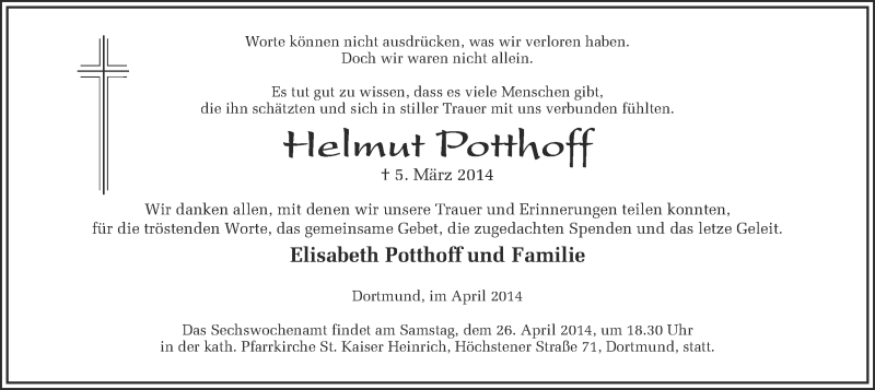  Traueranzeige für Helmut Potthoff vom 17.04.2014 aus Ruhr Nachrichten