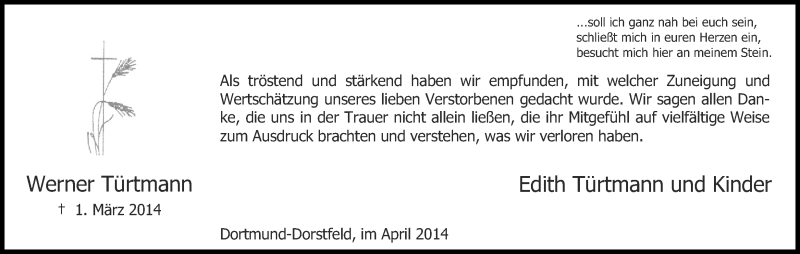  Traueranzeige für Werner Türtmann vom 19.04.2014 aus Ruhr Nachrichten