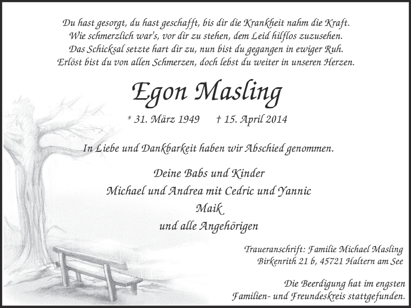  Traueranzeige für Egon Masling vom 23.04.2014 aus Ruhr Nachrichten und Halterner Zeitung