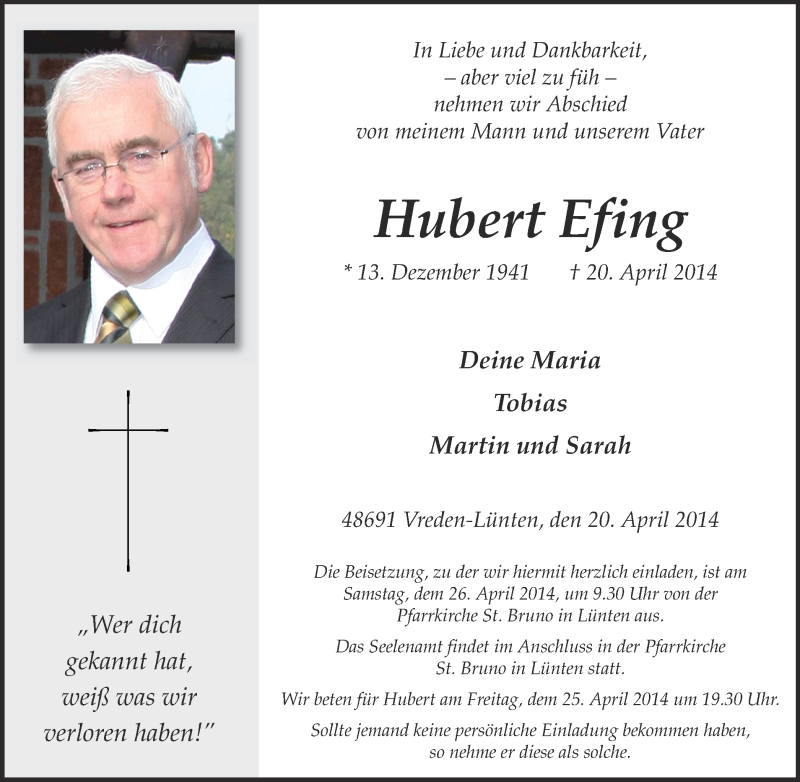  Traueranzeige für Hubert Efing vom 23.04.2014 aus Münstersche Zeitung und Münsterland Zeitung