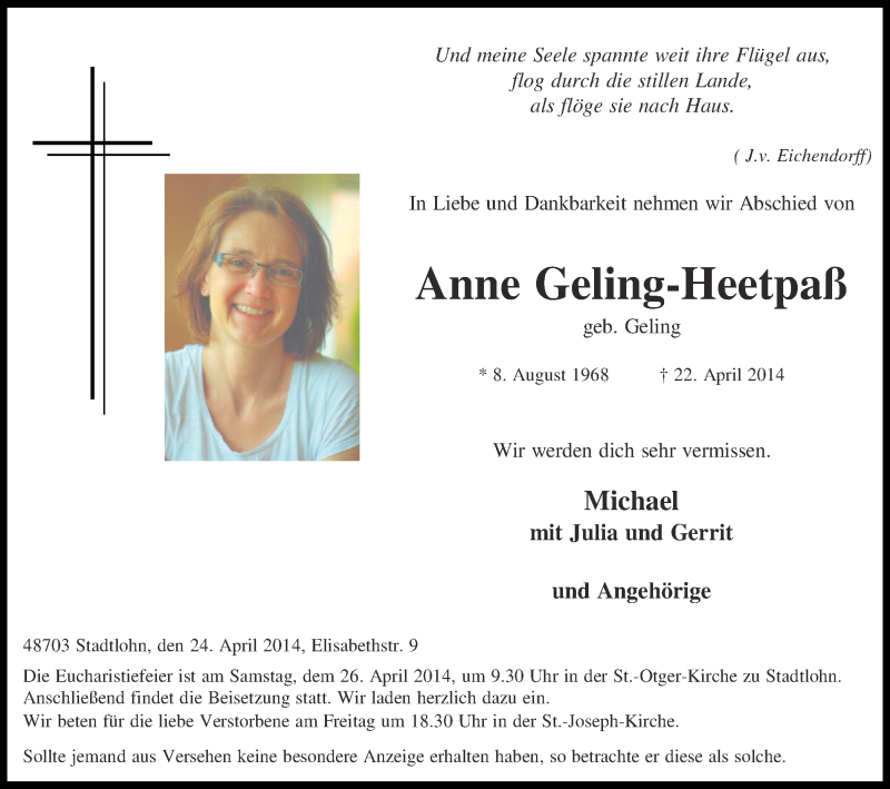  Traueranzeige für Anne Geling-Heetpaß vom 24.04.2014 aus Münstersche Zeitung und Münsterland Zeitung