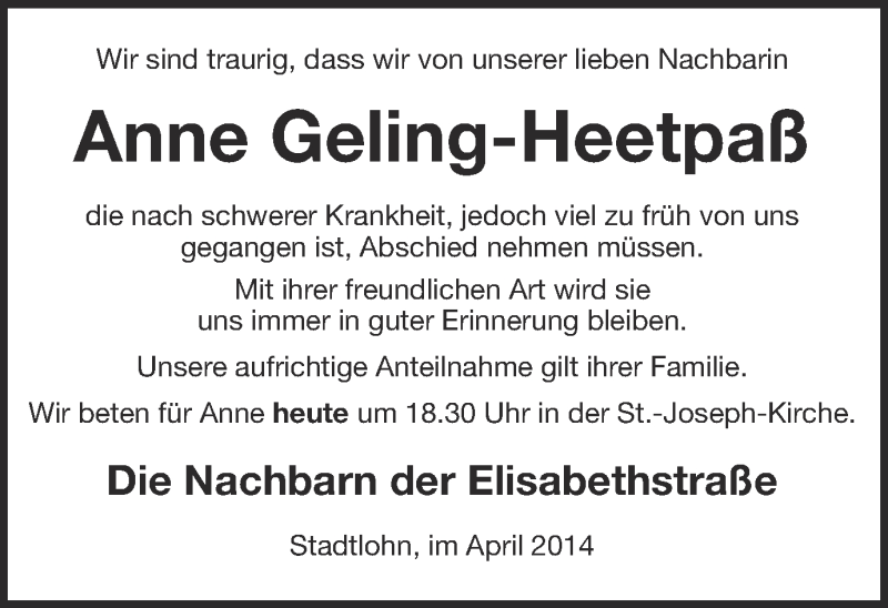  Traueranzeige für Anne Geling-Heetpaß vom 25.04.2014 aus Münstersche Zeitung und Münsterland Zeitung