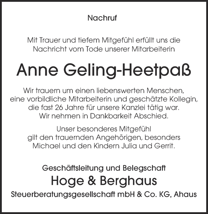  Traueranzeige für Anne Geling-Heetpaß vom 25.04.2014 aus Münstersche Zeitung und Münsterland Zeitung