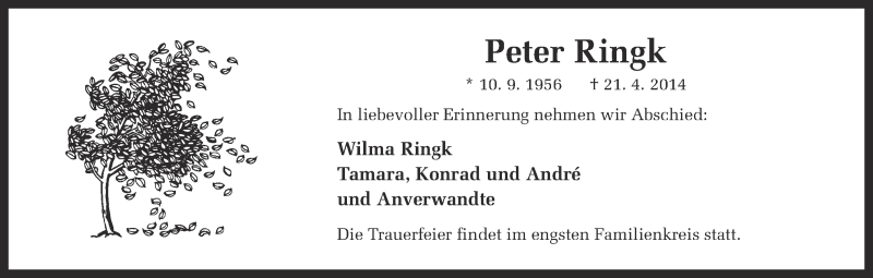  Traueranzeige für Peter Ringk vom 25.04.2014 aus Ruhr Nachrichten