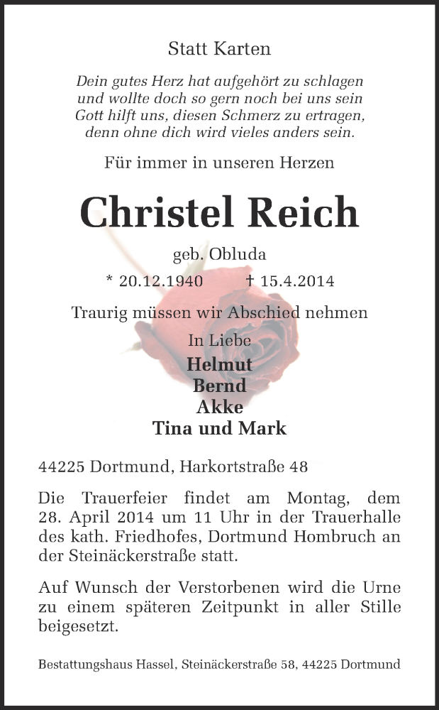  Traueranzeige für Christel Reich vom 26.04.2014 aus Ruhr Nachrichten